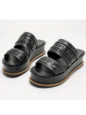 KELSI DAGGER Black Platform Slide Sandals with Chain Accent